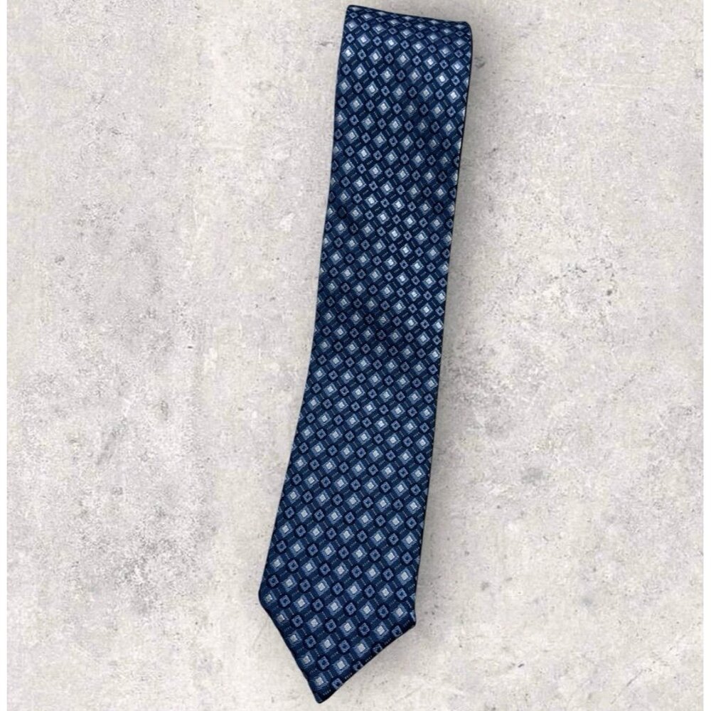 BOSS Silk Tie ITALY Navy Blue Silver Geometric W:2.4" EUC